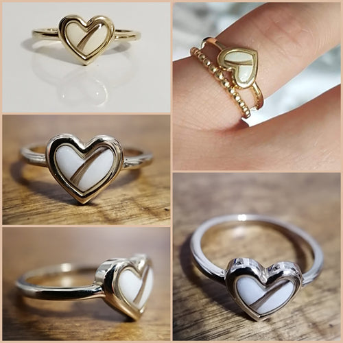 Un collage de quatre images présentant une Bague Coeur de MONA fine joaillerie dans différents décors : un gros plan sur une surface unie, portée au doigt, une vue focalisée montrant la forme du cœur.
